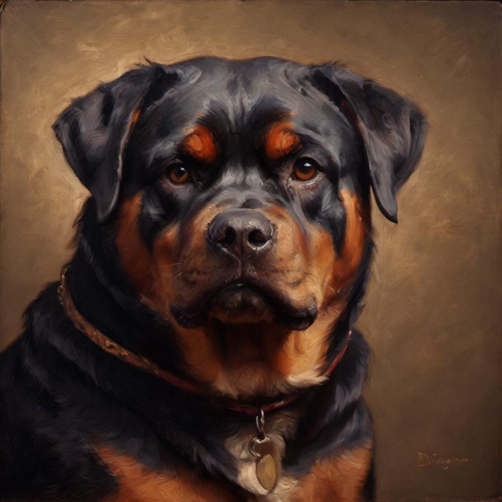 baroque oil painting of rottweiler with soft lighting in diego velazquez style, elegant and sophisticated.