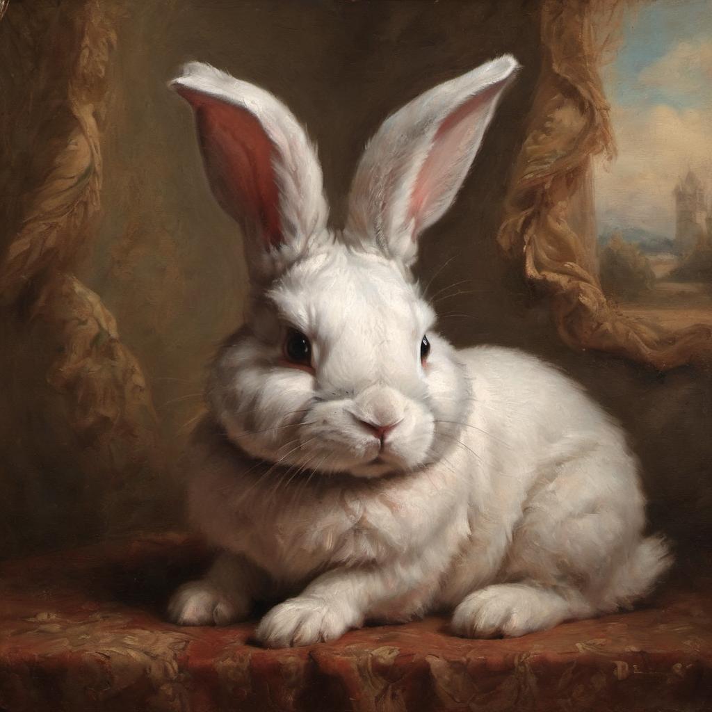 baroque oil painting of rex rabbit with soft lighting in diego velazquez style, elegant and sophisticated.