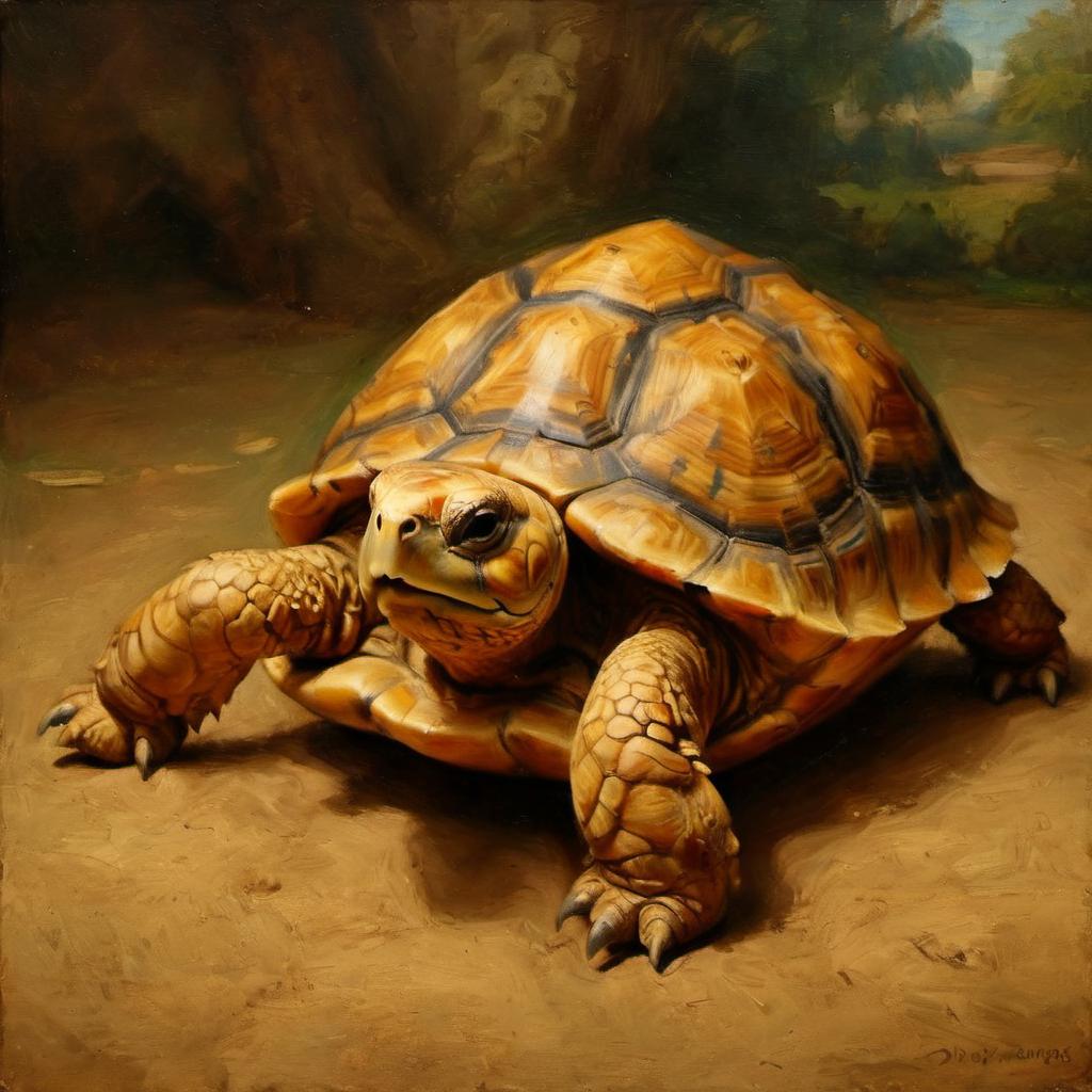 baroque oil painting of sulcata tortoise turtle/tortoise with soft lighting in diego velazquez style, elegant and sophisticated.