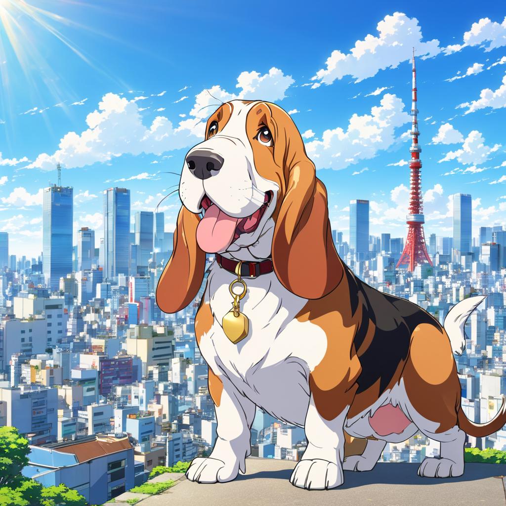 anime artwork of basset hound in tokyo on a sunny day with clear blue skies and cityscape background.