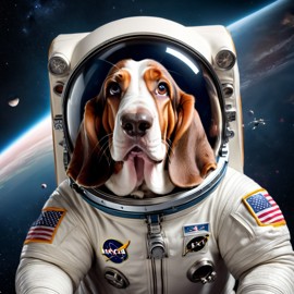 basset hound as astronaut in space, wearing spacesuit, highly detailed and lifelike.