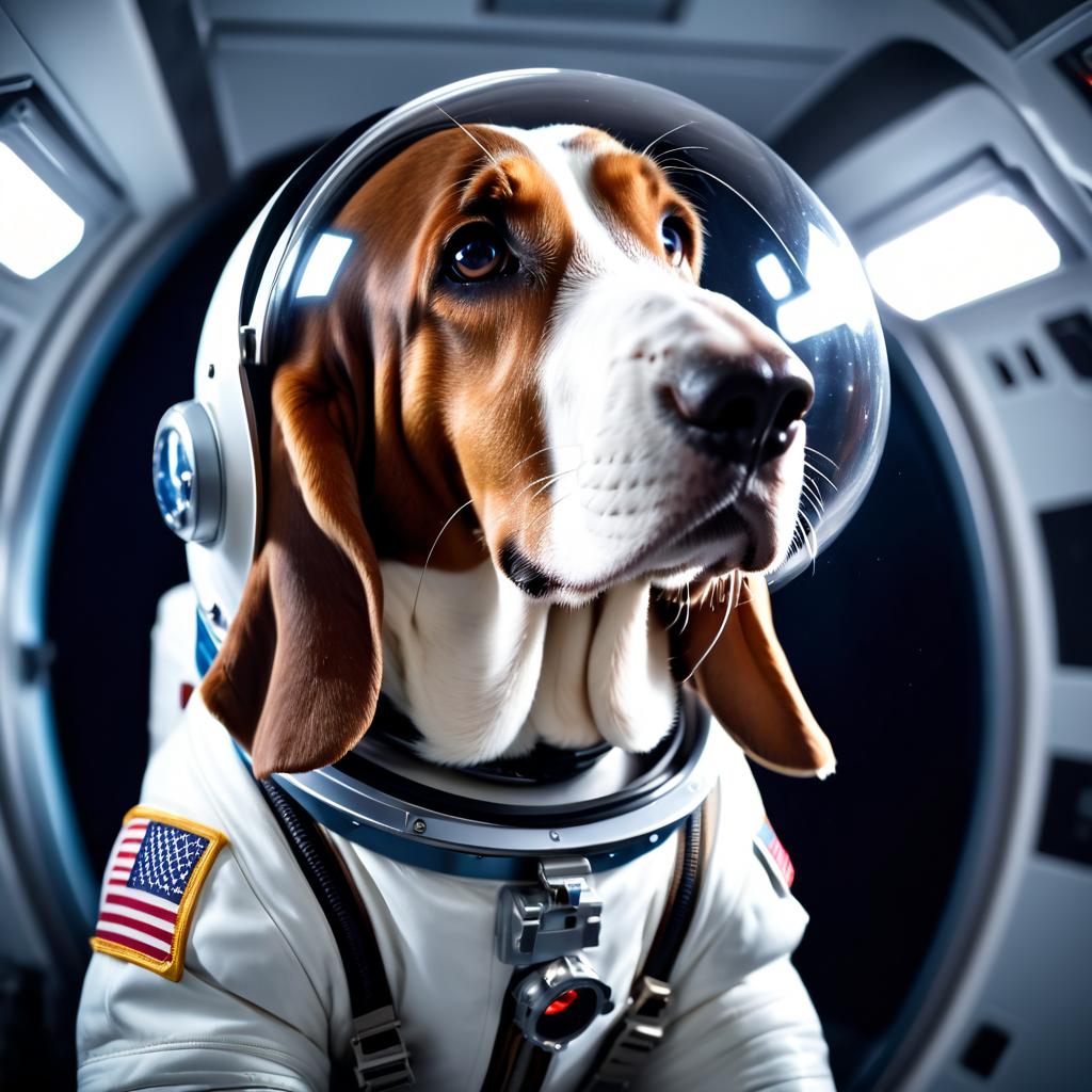 basset hound as astronaut in space, wearing spacesuit, with spacestation background.