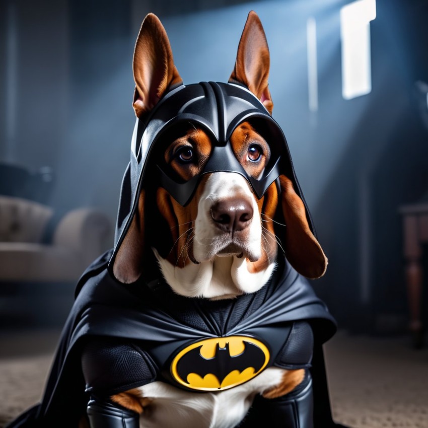 basset hound as batman, wearing batman suit and mask, highly detailed and vibrant.