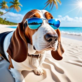 basset hound on a beautiful beach with white sand and blue sea, wearing sunglasses.