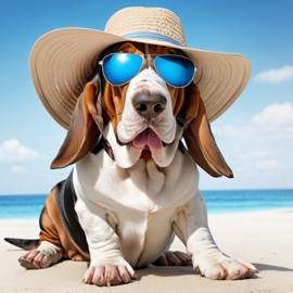 basset hound on a beach with white sand and blue sea, wearing sunglasses and summer hat.