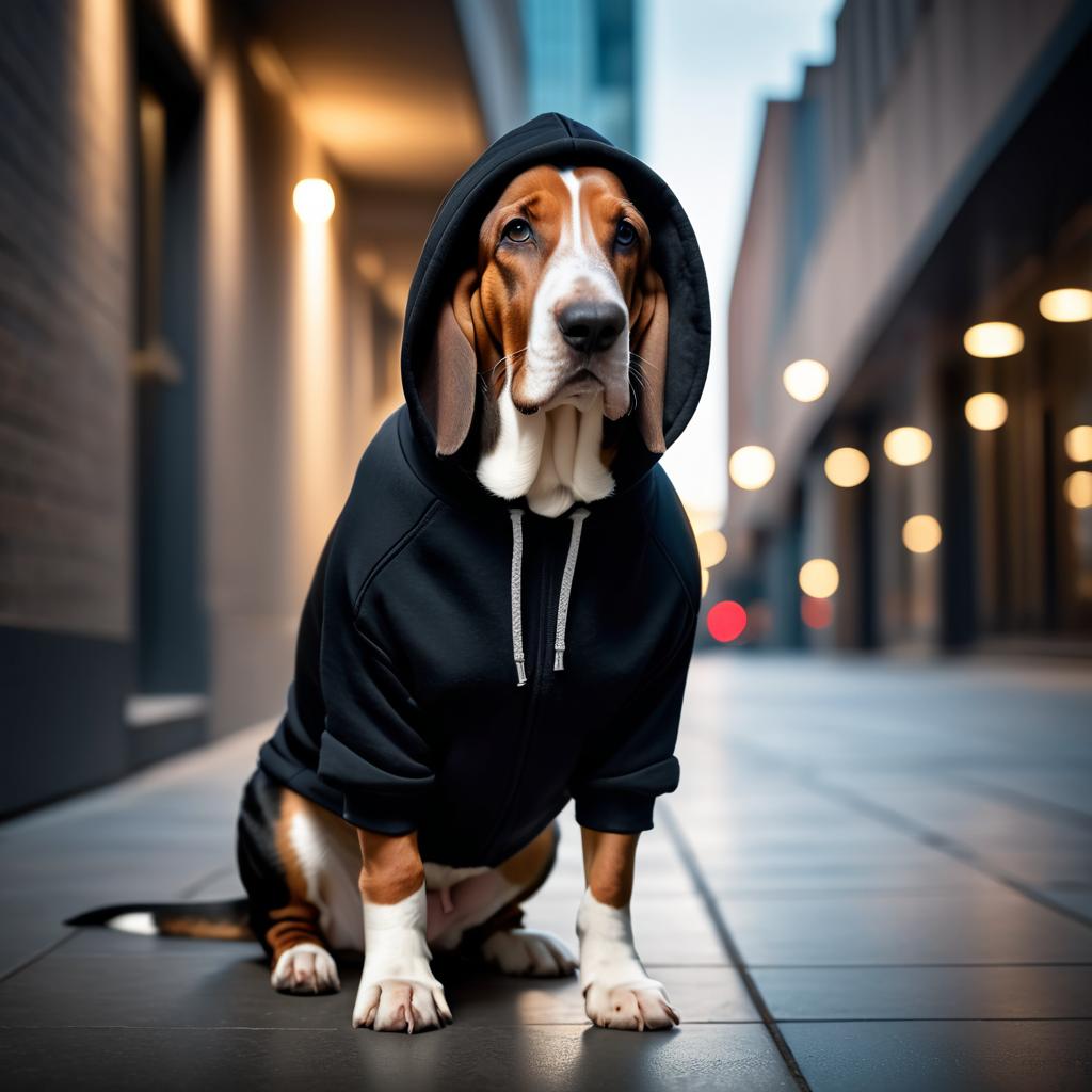 basset hound in a black hoodie, set against a modern urban backdrop, emphasizing a stylish and trendy look.