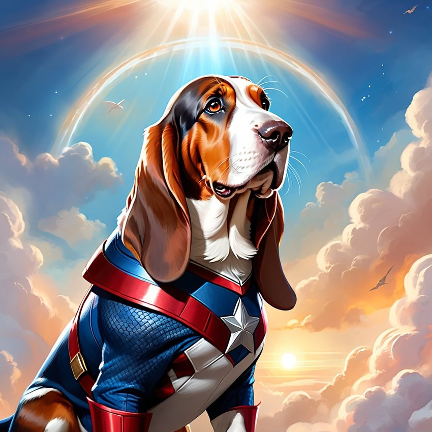 basset hound as captain america from avengers, ethereal and magical.