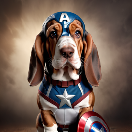 basset hound as captain america from avengers, lifelike and highly detailed.