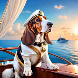 basset hound as a captain on a luxury yacht, wearing captain uniform, ethereal and majestic.