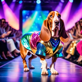 basset hound strutting down the fashion show catwalk stage in an extravagant cosmic-themed outfit with iridescent fabrics, high energy and extravagant.