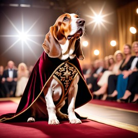 basset hound strutting down the fashion show catwalk stage in a luxurious velvet cape with gold embroidery, high energy and majestic.