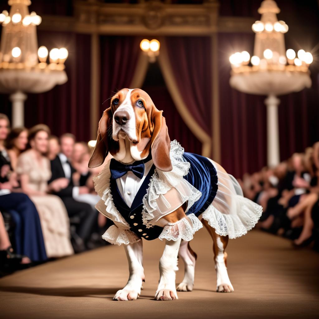 basset hound strutting down the fashion show catwalk stage in a vintage victorian outfit with lace and ruffles, high energy and majestic.