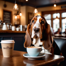 basset hound sitting in a cozy coffee shop with a cup of coffee, detailed and vibrant.