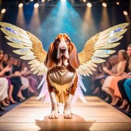 basset hound strutting down the fashion show catwalk stage in a magical fairytale dress with glittering wings, high energy and magical.