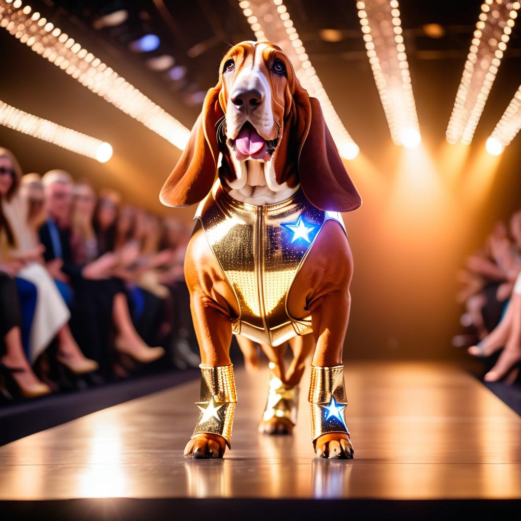 basset hound strutting down the fashion show catwalk stage in a sleek metallic bodysuit with led accents, high energy and dramatic.