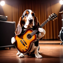 basset hound as a musician playing guitar in a cinematic concert hall, capturing dynamic and high-energy performance.