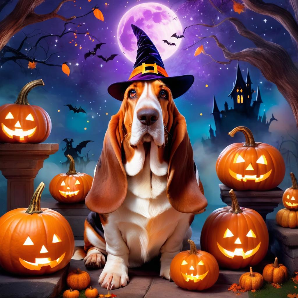 basset hound in a halloween costume, with a magical and ethereal atmosphere surrounded by pumpkins.