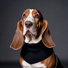 professional headshot of basset hound wearing a black turtleneck for a cv or linkedin, studio photo.