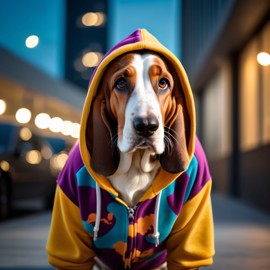 basset hound in a colorful hoodie, set in a modern urban environment with a stylish and trendy vibe.