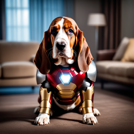 basset hound as iron man, featuring a detailed iron man costume and a high-budget movie scene.