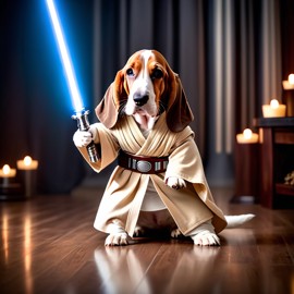 basset hound as a jedi knight, featuring a lightsaber and a star wars environment in a high-detail, epic style.