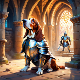 basset hound as a medieval knight in a majestic castle, ethereal and painterly style.