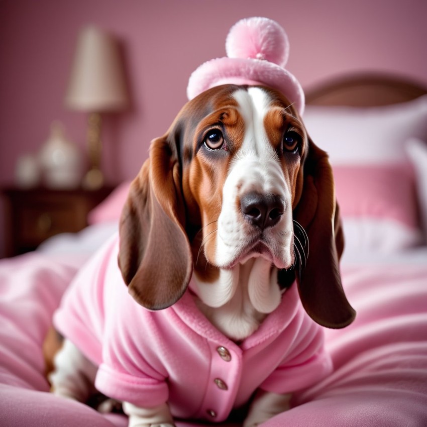 basset hound dressed in pink clothing, in a beautiful pink scene, radiating joy and cuteness.