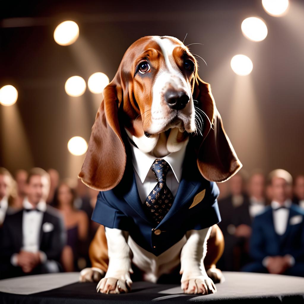 basset hound in a classy suit on a fashion stage, showcasing elegance and charm in a highly detailed, epic scene.