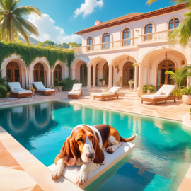 basset hound suntanning next to a luxurious villa pool, capturing a posh and magical moment.