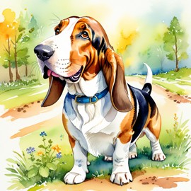 watercolor illustration of basset hound in children's book style, vibrant and detailed, drawn by don freedman.