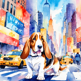 basset hound in new york, rendered in a vibrant watercolor illustration, with a highly detailed and happy depiction.