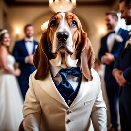 basset hound in a beautiful wedding suit, capturing a cute and happy moment in a romantic environment.