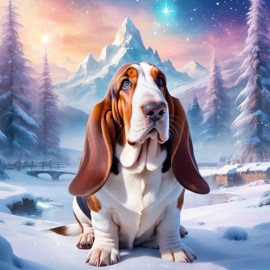 basset hound in a winter scene, wearing stylish winter clothing, looking cute and happy.