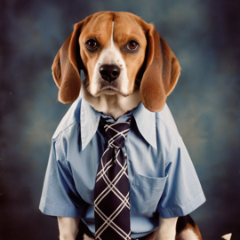 90s yearbook photo of beagle in a shirt and tie, full body, studio background.