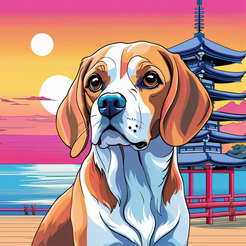 anime artwork of beagle in city pop style, retro vaporwave, night view, summer beach scene.