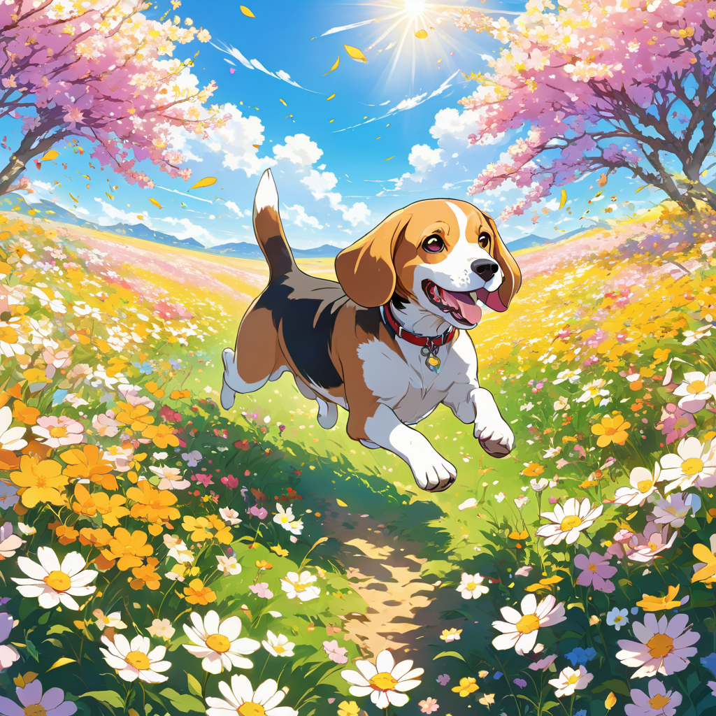 anime artwork of beagle running through a vibrant field of flowers with clear blue skies.