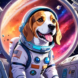 anime illustration of beagle as astronaut in space, wearing spacesuit, vibrant and detailed.