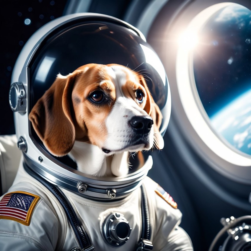 beagle as astronaut in space, wearing spacesuit, with spacestation background.