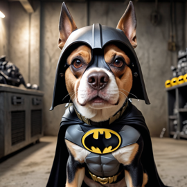 beagle as batman in batcave, wearing batman suit and mask, highly detailed.