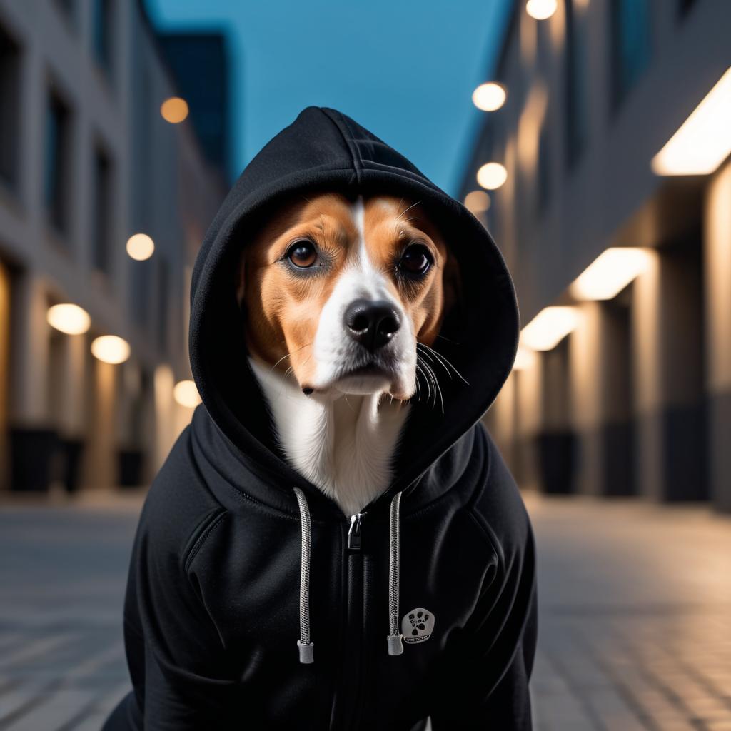 beagle in a black hoodie, set against a modern urban backdrop, emphasizing a stylish and trendy look.