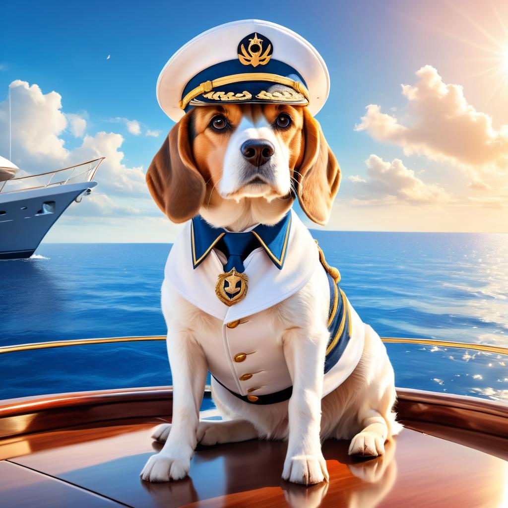 beagle as a captain on a luxury yacht, wearing captain uniform, ethereal and majestic.