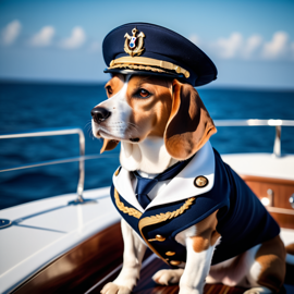 beagle as a captain on a luxury yacht, wearing captain uniform, against a blue sea.