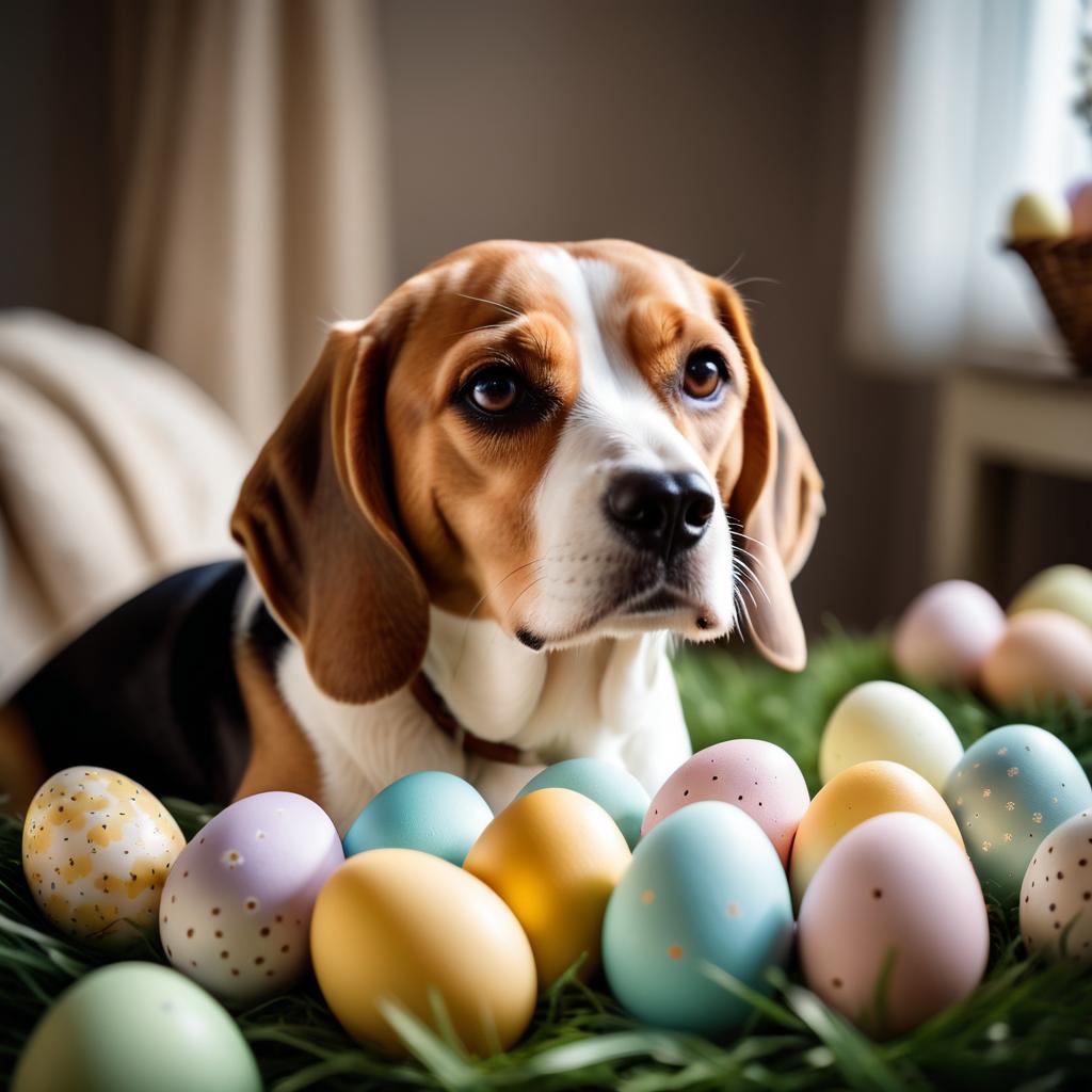 beagle in a beautiful easter setting with colorful eggs, highly detailed and charming.