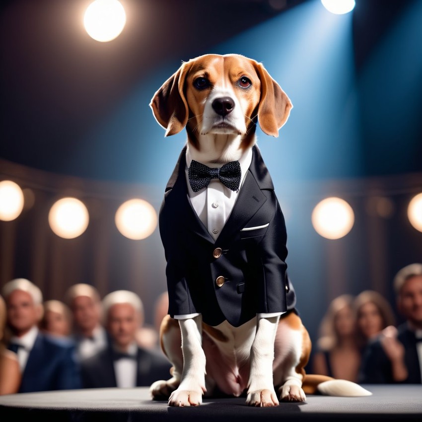 beagle in a classy suit on a fashion stage, showcasing elegance and charm in a highly detailed, epic scene.