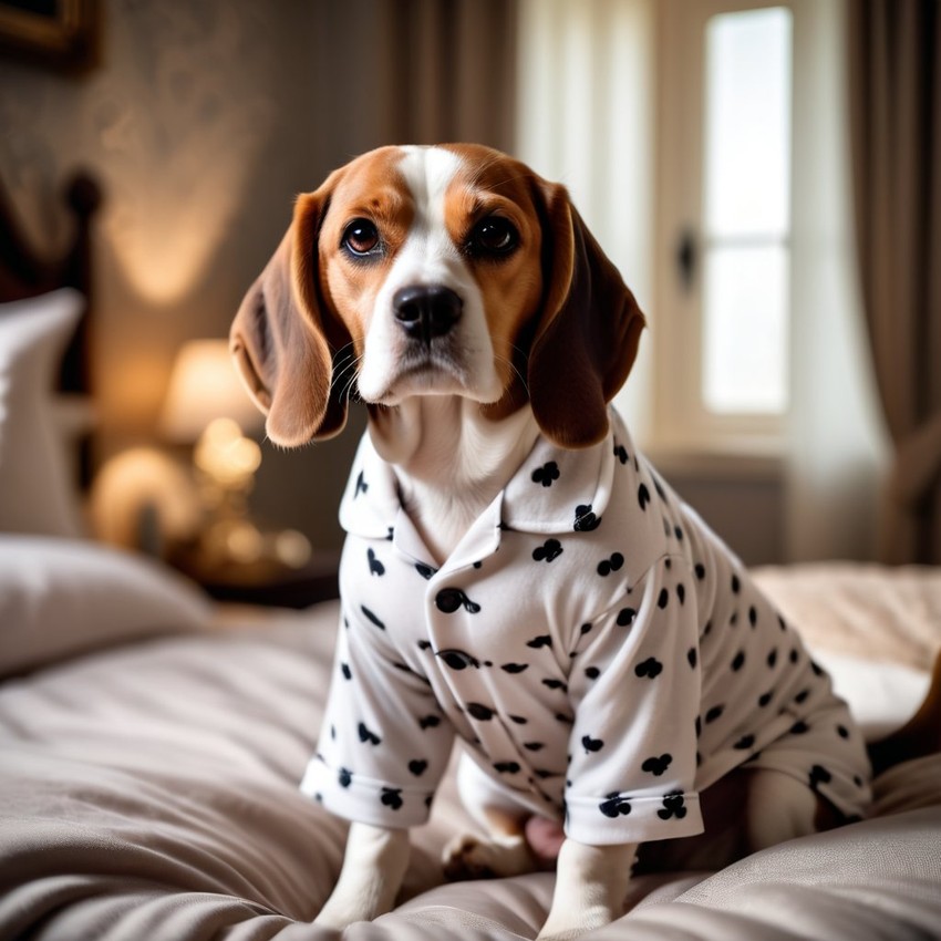 beagle in cute pyjamas, relaxing in a beautiful posh bedroom, highlighting happiness and coziness.