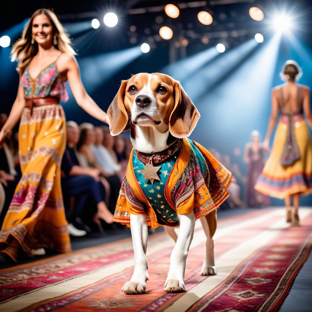 beagle strutting down the fashion show catwalk stage in a colorful bohemian outfit with flowing fabrics, high energy and joyful.