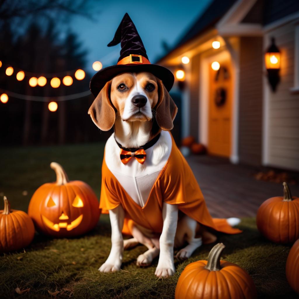 beagle in a halloween costume with pumpkins and eerie decorations, highlighting their festive spirit.