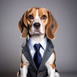 professional headshot of beagle wearing a stylish suit for a cv or linkedin, studio photo.