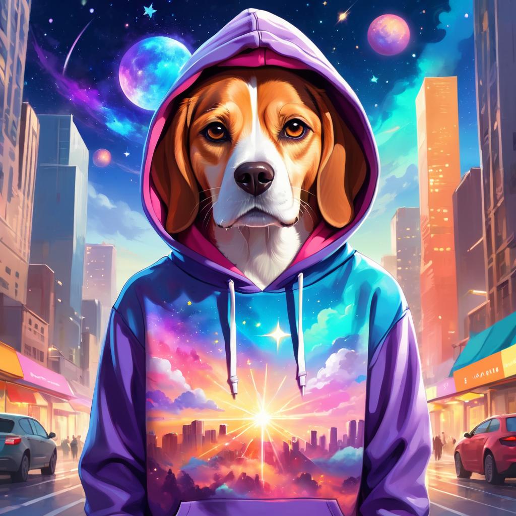 beagle in a colorful hoodie, with a magical urban background highlighting a cute and happy vibe.