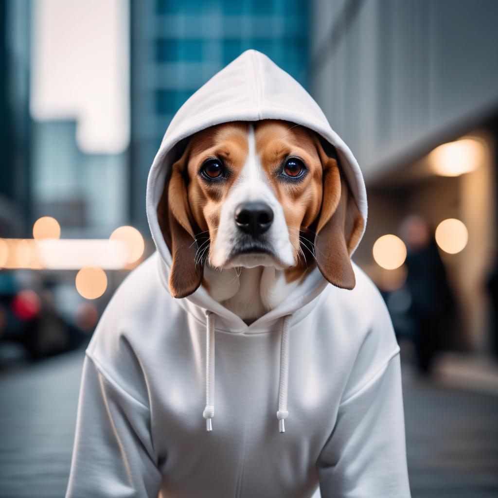 beagle in a white hoodie, showcasing a modern urban setting with a cute and stylish look.